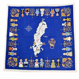 Ingrid Pedersen Textile Tablecloth Linen Map of Sweden Folk Art Children 34 x 34